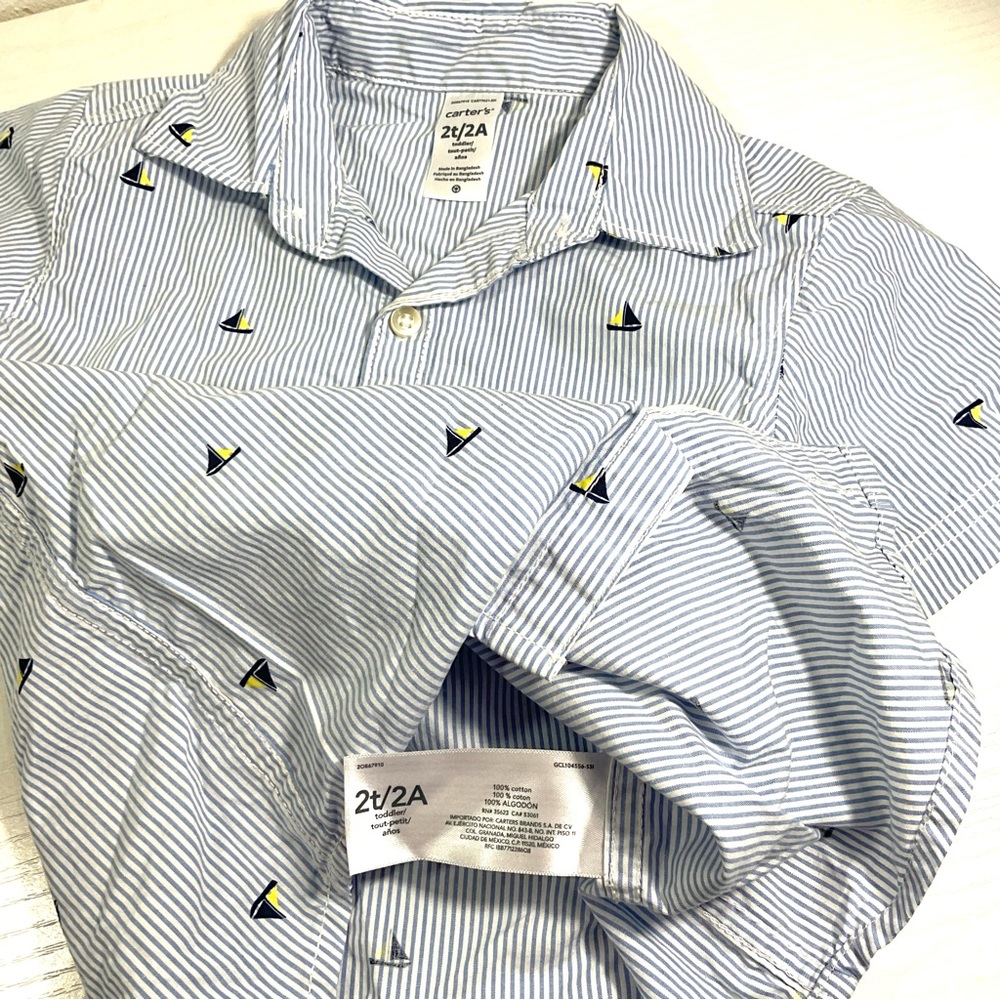 Carters 2T short sleeve stripe button‎ up shirt for toddler blue and white - Picture 9 of 9